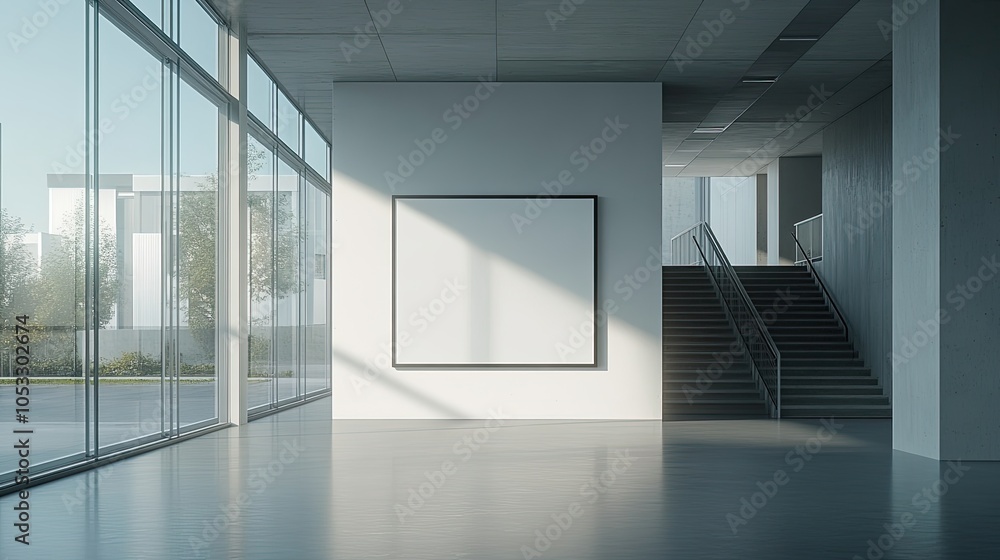Obraz premium Empty white wall with a blank canvas in a modern building with large windows and a staircase.