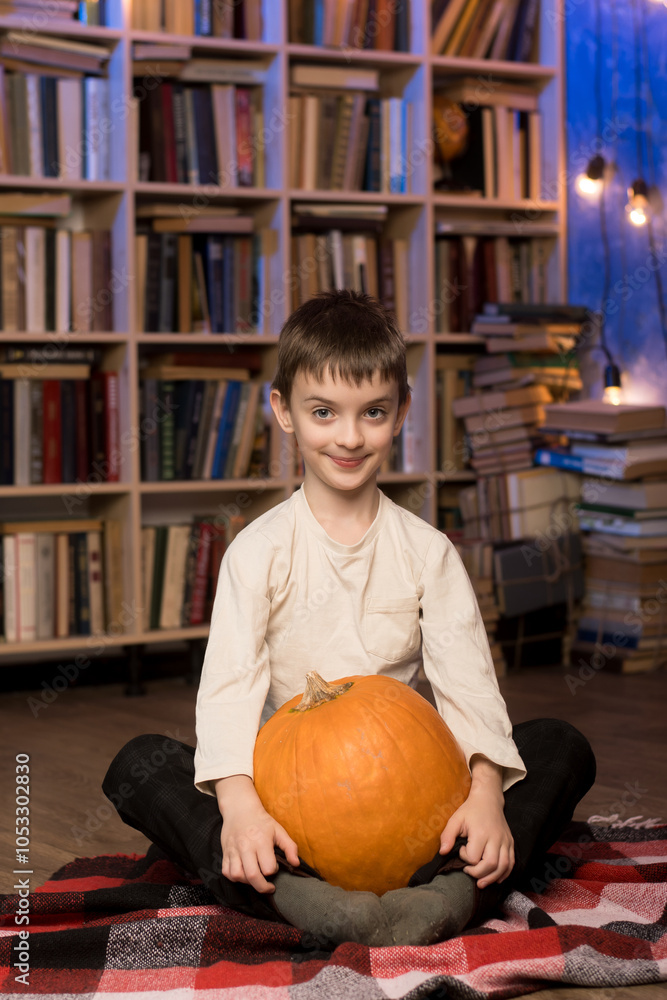 Fototapeta premium Child with pumpkins in a warm, book-filled room, highlighting themes of autumn, learning, and seasonal decoration. Great for fall or Halloween-related content.