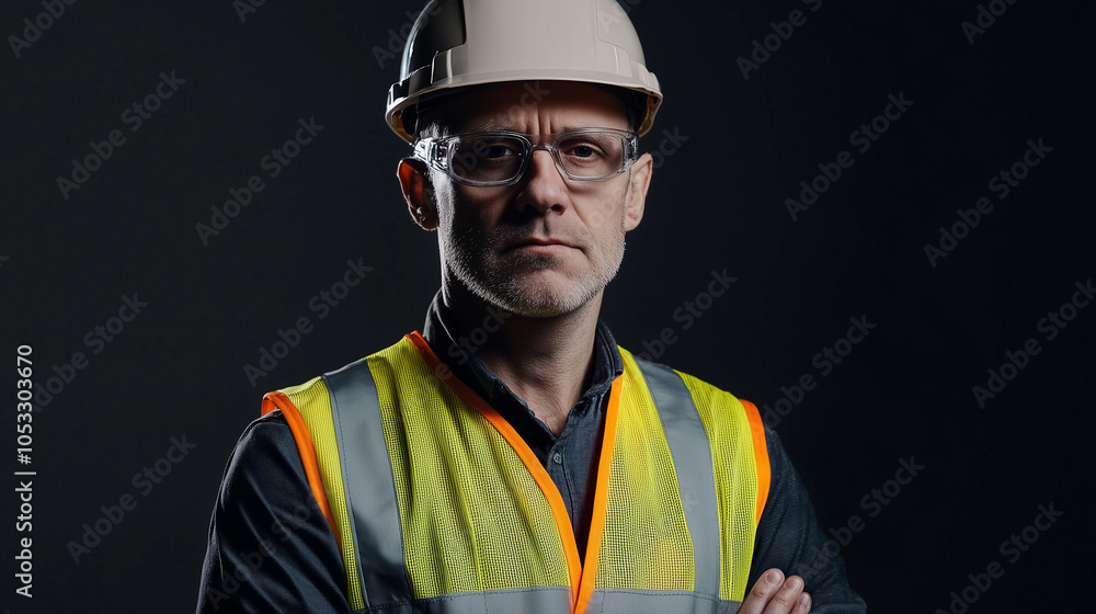 Construction worker in hard hat and reflective vest against dark background. v2 Construction worker in hard hat and reflective vest against dark background. v2