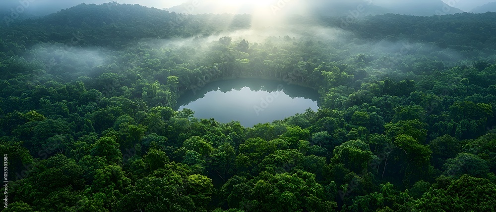 A breathtaking aerial view of a lush green rainforest enveloping a serene, circular lake, with mist gently rising in the morning light, creating a tranquil and mystical atmosphere. A breathtaking aerial view of a lush green rainforest enveloping a serene, circular lake, with mist gently rising in the morning light, creating a tranquil and mystical atmosphere.
