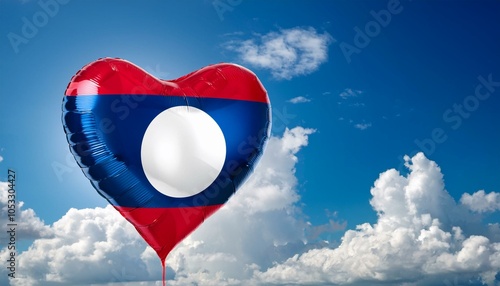 ラオスの国旗のハート型の風船と青空(Lao People's Democratic Republic flag heart-shaped balloon and blue sky.)
 photo