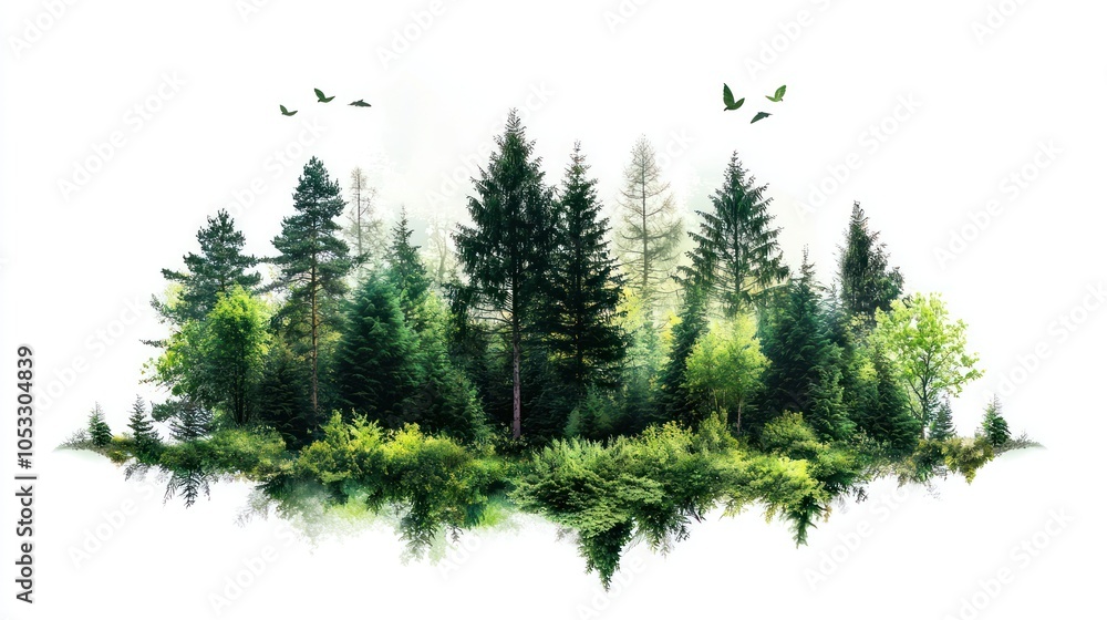Green trees in the forest isolated on white background Green trees in the forest isolated on white background