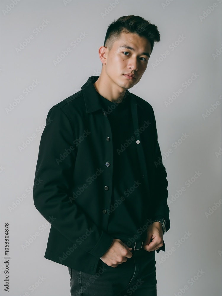 Fototapeta premium Stylish Young Man in Black Outfit Against Neutral Background