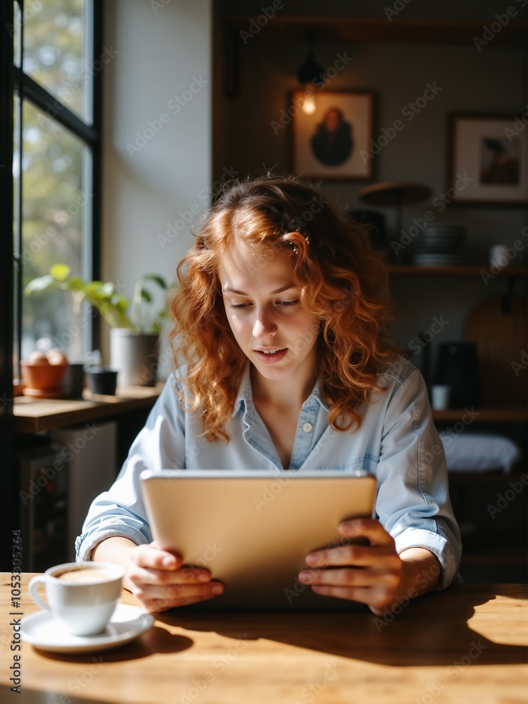 Young Woman Enjoying Coffee While Using a Tablet in a Cozy Café Young Woman Enjoying Coffee While Using a Tablet in a Cozy Café