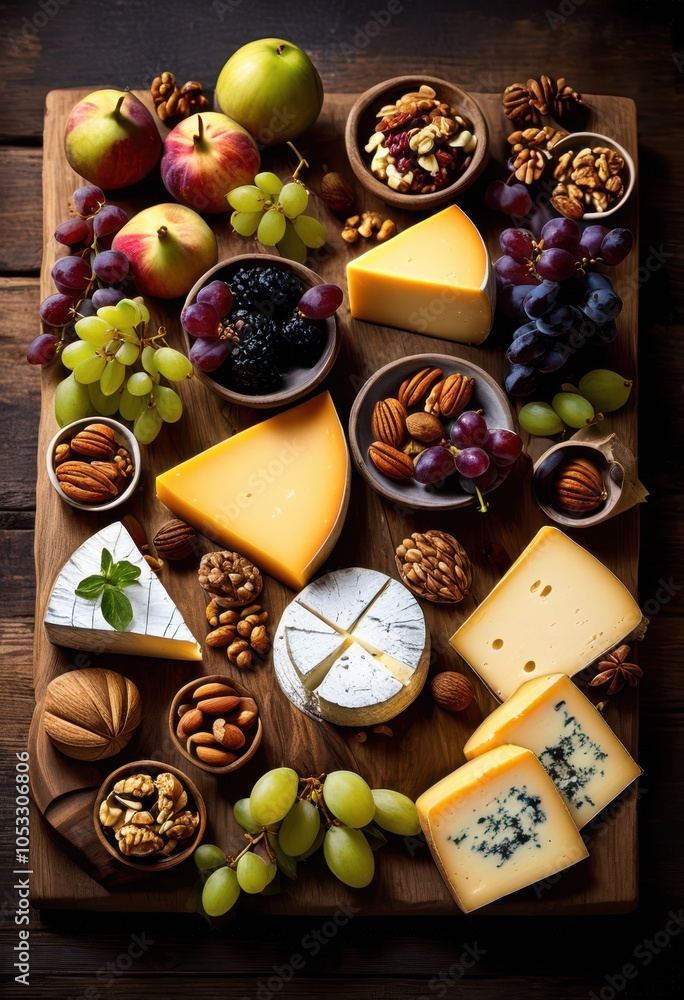 diverse collection artisan cheeses presented wooden board surrounded seasonal fruits nuts, platter, appetizers, dairy, selection, camembert, brie, cheddar diverse collection artisan cheeses presented wooden board surrounded seasonal fruits nuts, platter, appetizers, dairy, selection, camembert, brie, cheddar