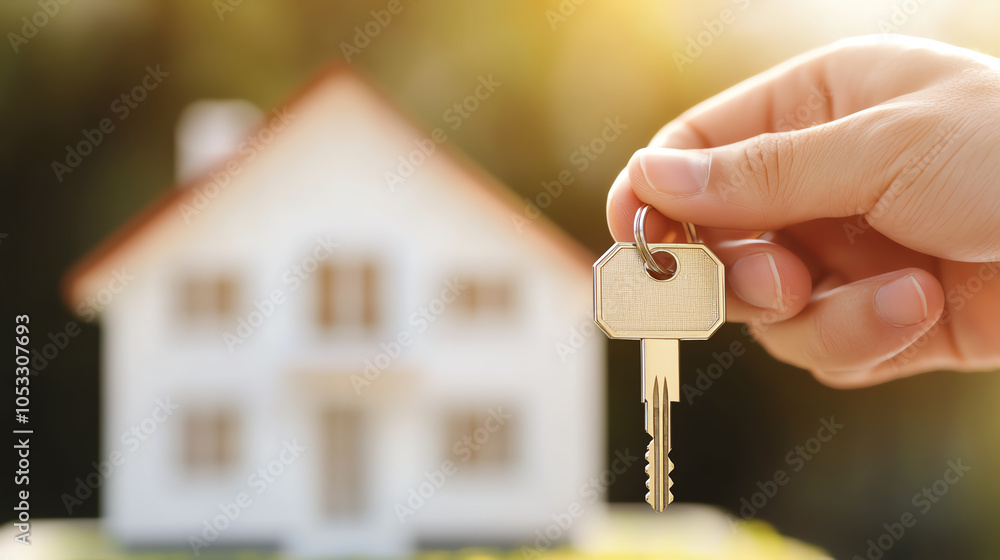 New home ownership theme, detailed close-up of hand holding key near a house model, soft-focus sunny outdoor scene. space for text New home ownership theme, detailed close-up of hand holding key near a house model, soft-focus sunny outdoor scene. space for text