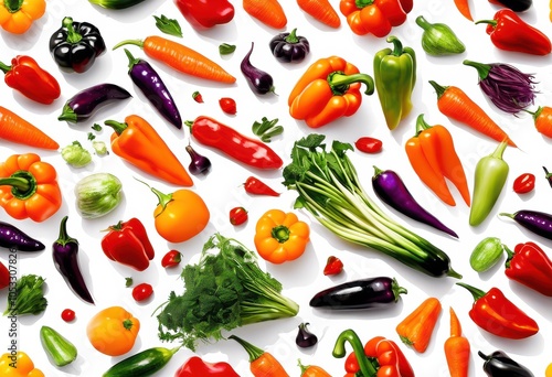 vibrant fresh assortment floating colorful vegetables crisp white background eye catching culinary aesthetics, carrot, broccoli, bell, pepper