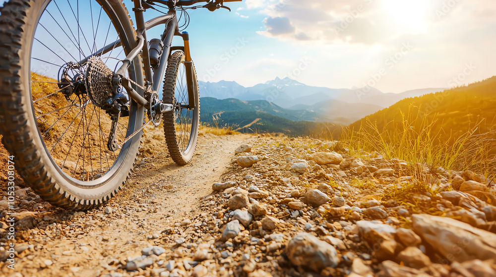 Naklejka premium Close-up of a mountain bike navigating a rugged trail, dust and rocks under the tires, distant mountains visible, with bright sunlight highlighting the adventure.