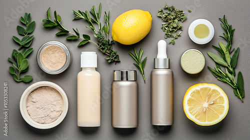 Generate a flat-lay composition of skincare products and natural ingredients like lemon, herbs, and essential oils photo