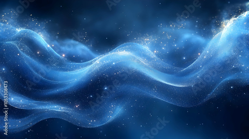 Abstract Blue Background with Glowing Particles and Wavy Lines