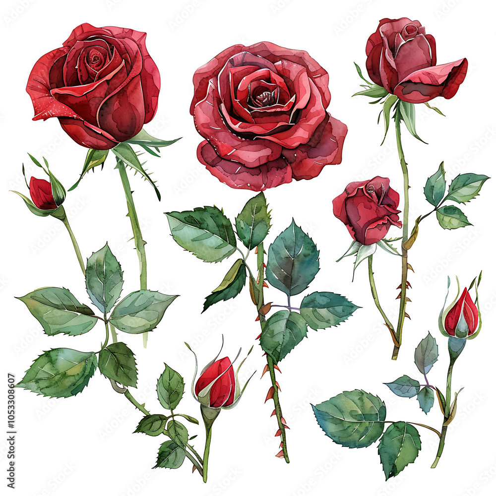 Set of Watercolor red rose blooming elements. Hand drawn romantic red rose, green leaves branch, and stem isolated on white background. Suitable for decorative invitations, posters, or cards Set of Watercolor red rose blooming elements. Hand drawn romantic red rose, green leaves branch, and stem isolated on white background. Suitable for decorative invitations, posters, or cards