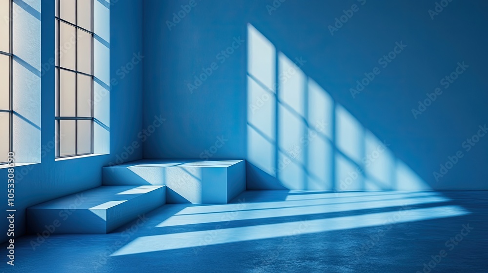 Obraz premium Minimalist blue room interior with a window and steps.