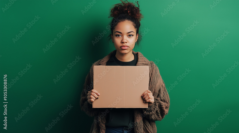 An environmental activist holding a protest sign against a solid green background, low-angle shot. v3 An environmental activist holding a protest sign against a solid green background, low-angle shot. v3