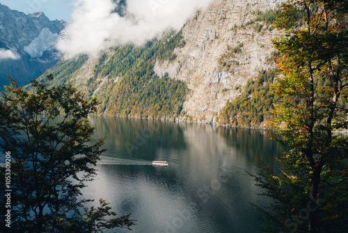 Lake Königssee with ship and mountains in Nationalpark Berchtesgaden, Bavaria, Germany