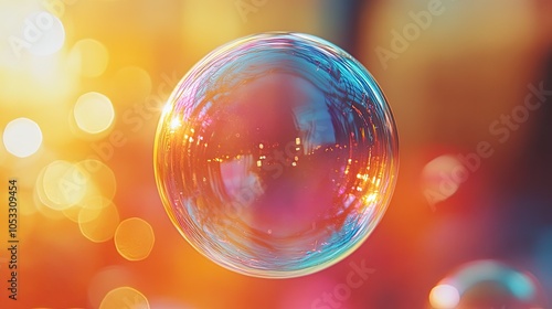 A single iridescent soap bubble floats against a background of warm bokeh lights.