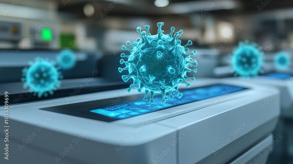 Fototapeta premium Illustration of bacteria on a shared office printer button, symbolizing germ accumulation on frequently touched office equipment