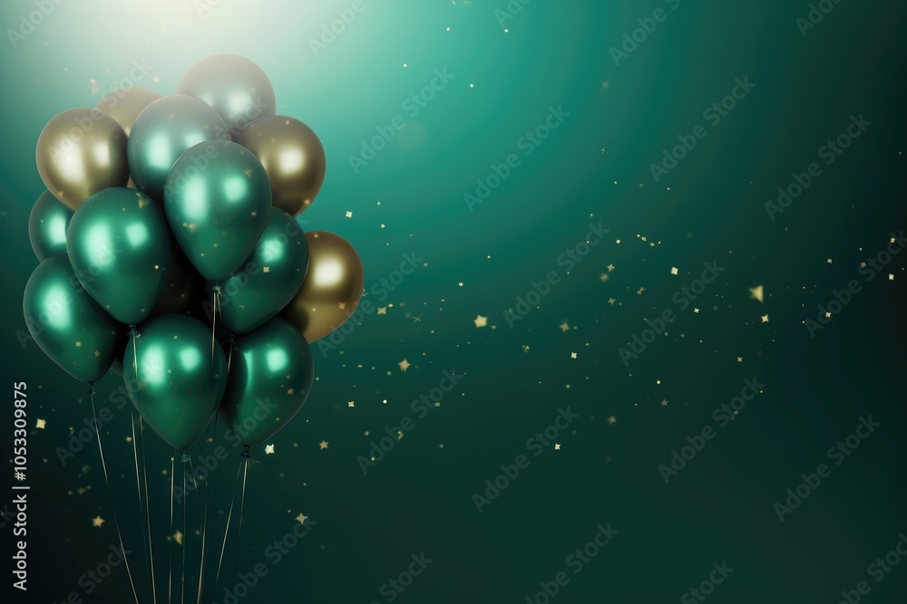 bunch of golden and green balloons with green empty space background bunch of golden and green balloons with green empty space background