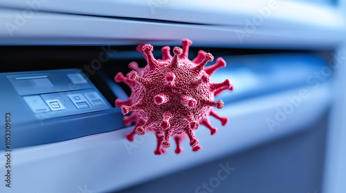 Illustration of bacteria on a shared office printer button, symbolizing germ accumulation on frequently touched office equipment