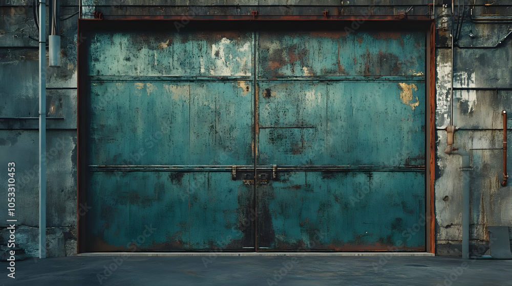 Fototapeta premium Rusty Metal Garage Door with Concrete Floor - Industrial Background Illustration