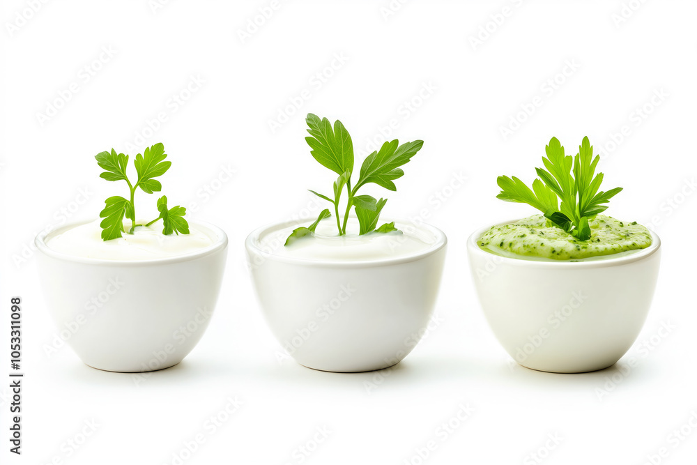 Fototapeta premium Bowls with creamy yogurt dips topped with fresh herbs, on plain background, showcasing healthy flavors