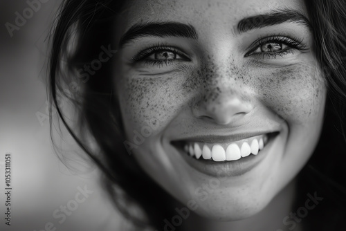 A close-up portrait of a smiling young woman with freckles and shining eyes, conveying warmth and happiness. photo