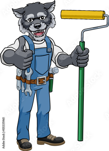A wolf painter decorator handyman cartoon construction man mascot character holding a paint roller tool