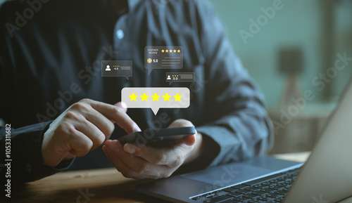 Customer or client use application for give satisfaction score to complete five stars. With copy space. Giving a five-star rating. Service rating, satisfaction concept. Customer service, review.