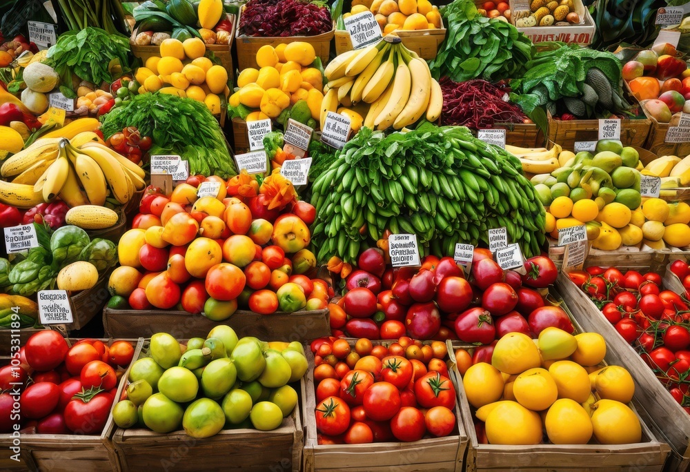 vibrant collection colorful fresh produce displaying nutritional labels across various fruits vegetables showcasing health benefits, agriculture, diet, organic vibrant collection colorful fresh produce displaying nutritional labels across various fruits vegetables showcasing health benefits, agriculture, diet, organic