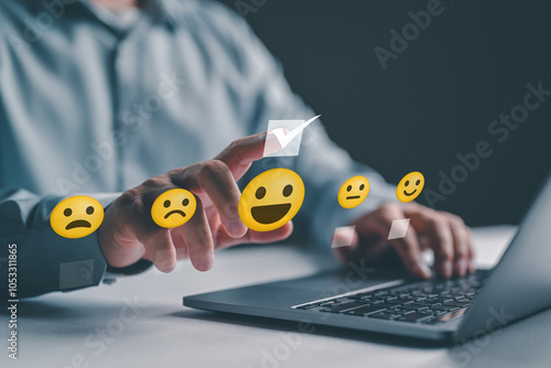 Customer service and Satisfaction concept, Business people are touching the virtual screen on the happy Smile face icon to give satisfaction in product and service. Rating very impressed. Good review