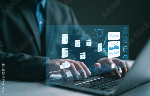 Businessman using AI technology for data analytics, Artificial Intelligence generate. Futuristic technology, robot in online system. Data management system invest and develop corporate concept.