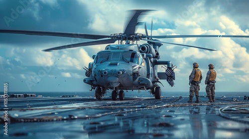 Two pilots are discussing a flight plan against the background of a helicopter. The helicopter is on the aircraft carrier