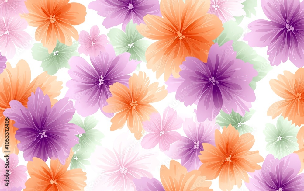 A vibrant pattern of colorful flowers in shades of orange, purple, and green on a white background. A vibrant pattern of colorful flowers in shades of orange, purple, and green on a white background.
