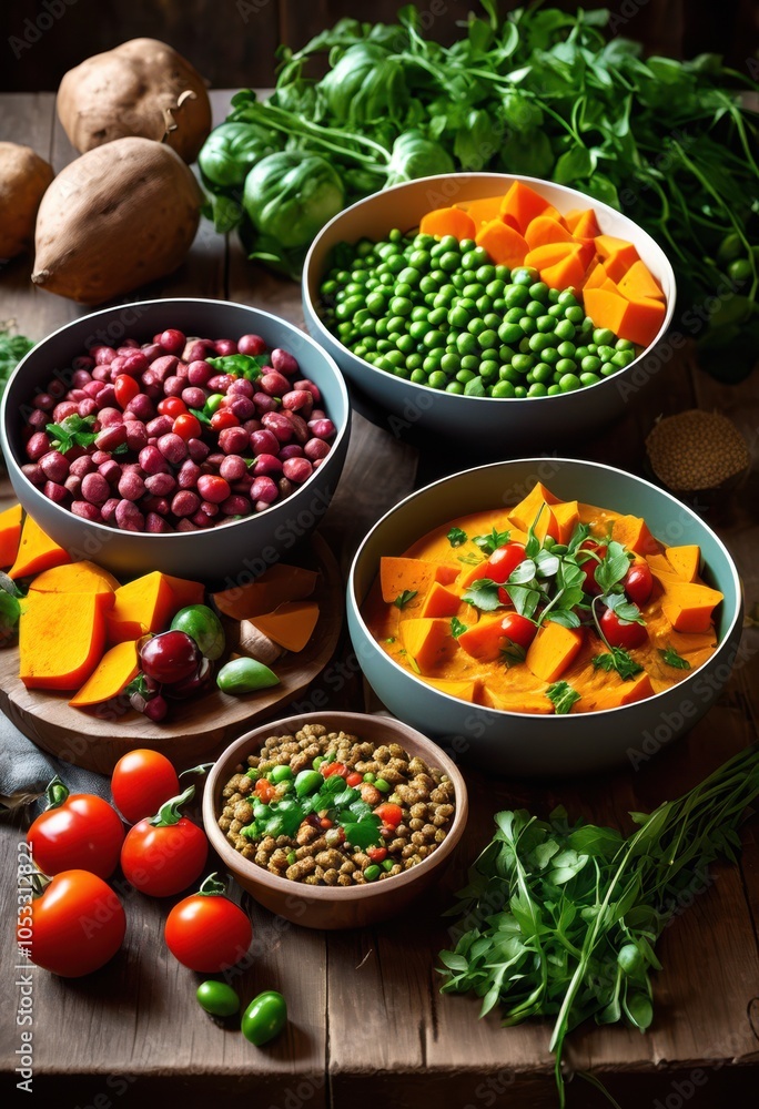 vibrant wholesome ingredients colorful bowls nutritious dog food happy healthy pets, vegetables, carrots, peas, sweet, potatoes, proteins, chicken, beef vibrant wholesome ingredients colorful bowls nutritious dog food happy healthy pets, vegetables, carrots, peas, sweet, potatoes, proteins, chicken, beef