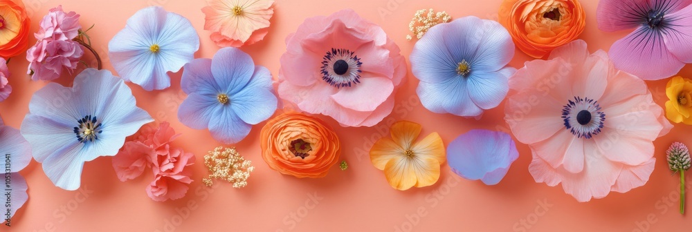A vibrant arrangement of colorful flowers on a coral background. A vibrant arrangement of colorful flowers on a coral background.
