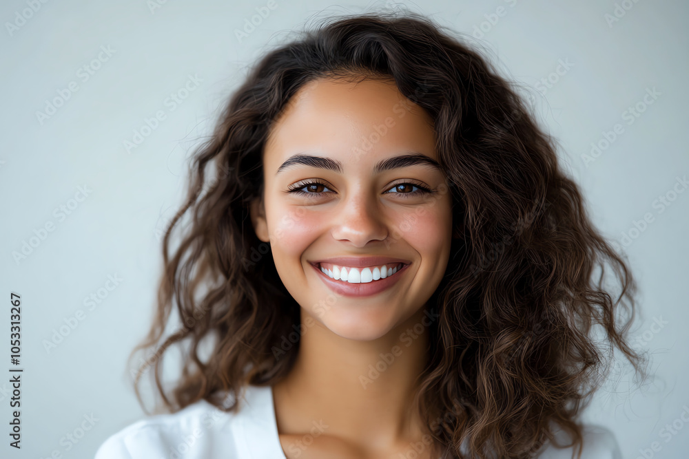 Fototapeta premium Portrait of a smiling woman with curly hair, conveying happiness and warmth against a soft background.