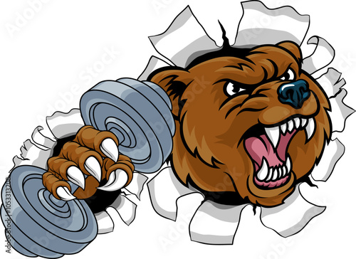 A bear grizzly weight lifting gym animal sports mascot holding a dumbbell in its claw