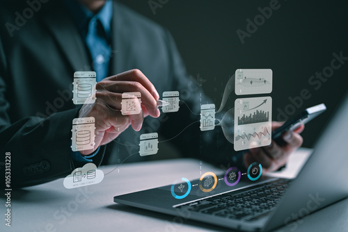 Businessman using AI technology for data analytics, Artificial Intelligence generate. Futuristic technology, robot in online system. Data management system invest and develop corporate concept.