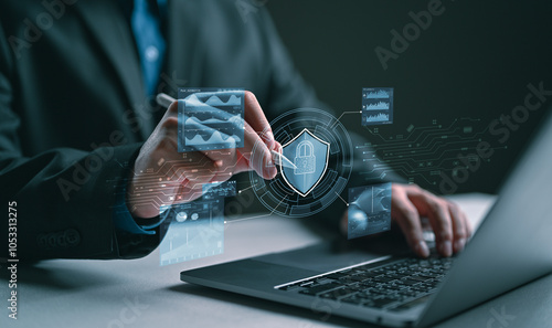 Cybersecurity and privacy concepts to protect data. Lock icon and internet network security technology. Businessman protecting personal data on device, virtual screen interfaces. Cybersecurity.