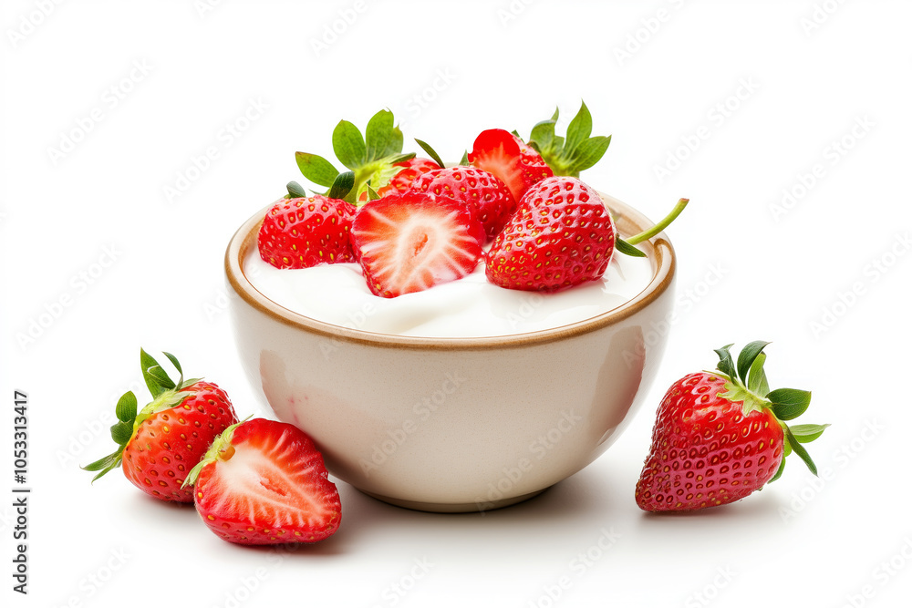 Bowl of creamy yogurt with fresh ,strawberries, and mint leaves isolated on white background. Bowl of creamy yogurt with fresh ,strawberries, and mint leaves isolated on white background.