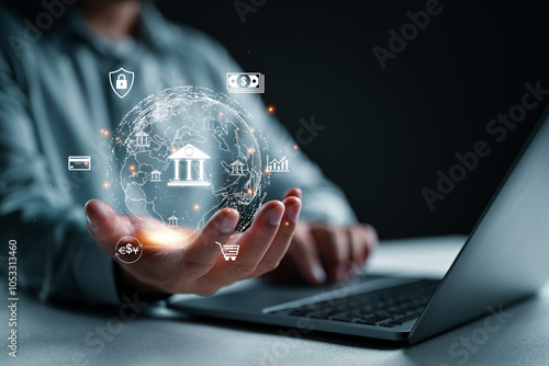 Technology and business finance concept, Businessman show icon online banking and icon network connection, online payments, shopping and digital technology on virtual screen, global business
