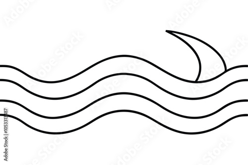 Ocean with shark dorsal fin line art vector illustration