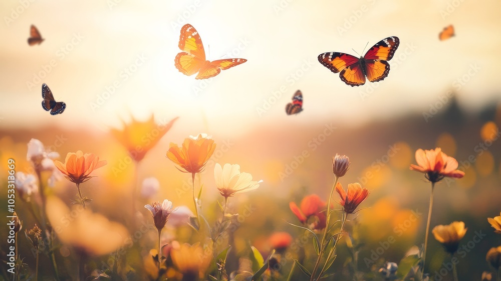 Lush Garden with Blooming Flowers and Butterflies Lush Garden with Blooming Flowers and Butterflies