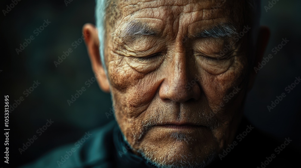 An elderly man sits with his eyes closed, lost in thought, illuminated by gentle natural light, evoking a sense of peace and introspection in a tranquil setting. An elderly man sits with his eyes closed, lost in thought, illuminated by gentle natural light, evoking a sense of peace and introspection in a tranquil setting.
