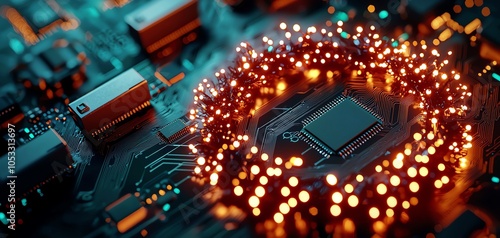 Close-up of a circuit board with colorful glowing lights and a microchip, showcasing advanced electronic design. photo