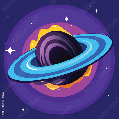 A vibrant illustration of a planet with a ring system, set against a starry night sky.