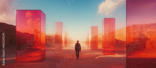 A lone figure walks towards a glowing sunset through a surreal, reflective, red, glass, structure in a desert landscape.