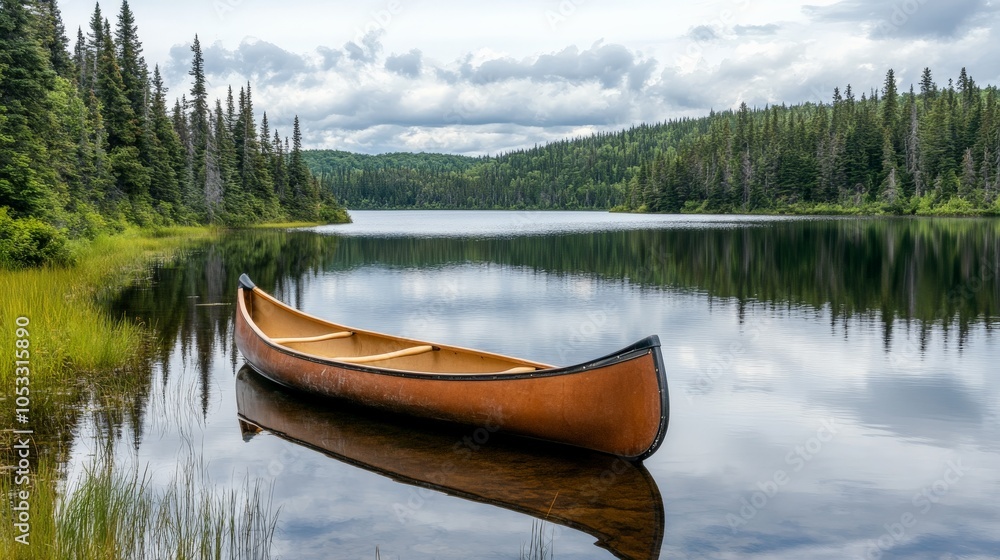 Obraz premium Peaceful Canoe on a Serene Lakeside Scene
