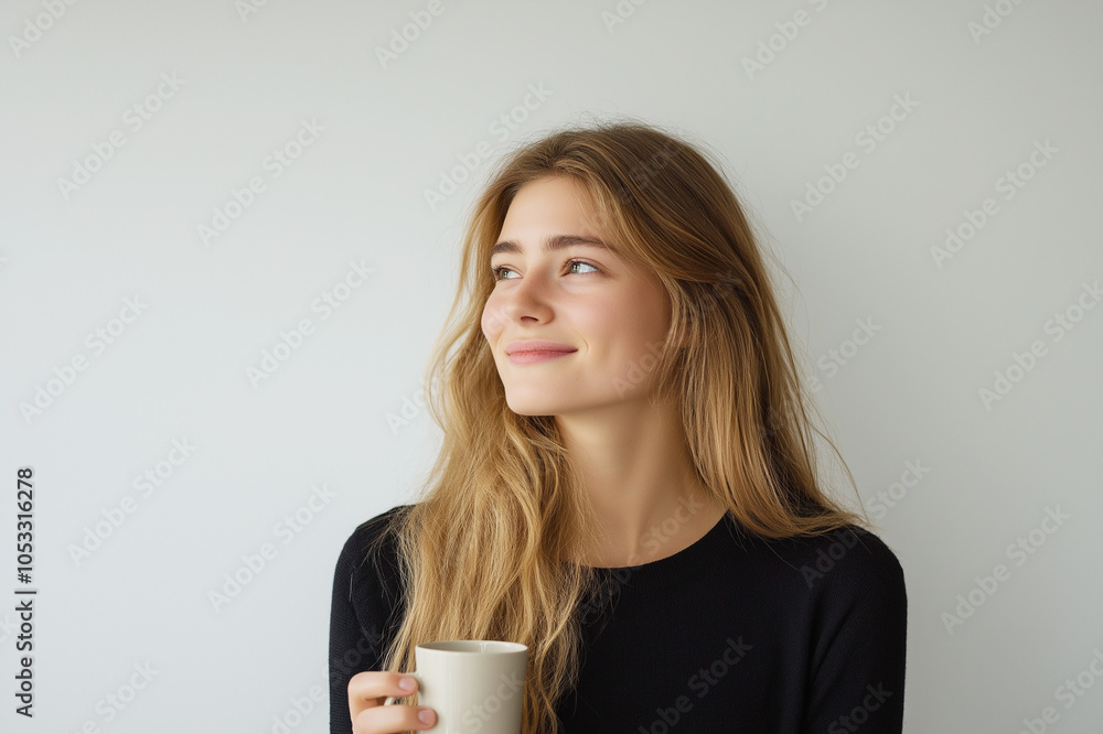 A serene woman with a warm smile holds a mug, enjoying a peaceful moment indoors. She radiates calm and relaxation, reflecting a cozy and reflective atmosphere. A serene woman with a warm smile holds a mug, enjoying a peaceful moment indoors. She radiates calm and relaxation, reflecting a cozy and reflective atmosphere.