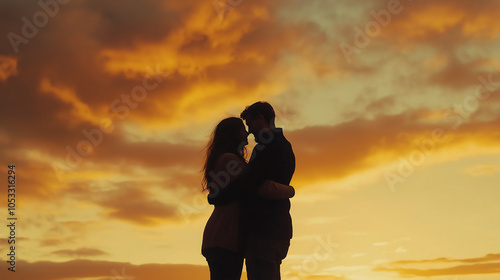 A couple embraces warmly against a golden sunset, capturing a moment of love and togetherness. The warm hues of the sky accentuate their silhouettes, creating a romantic and timeless scene.