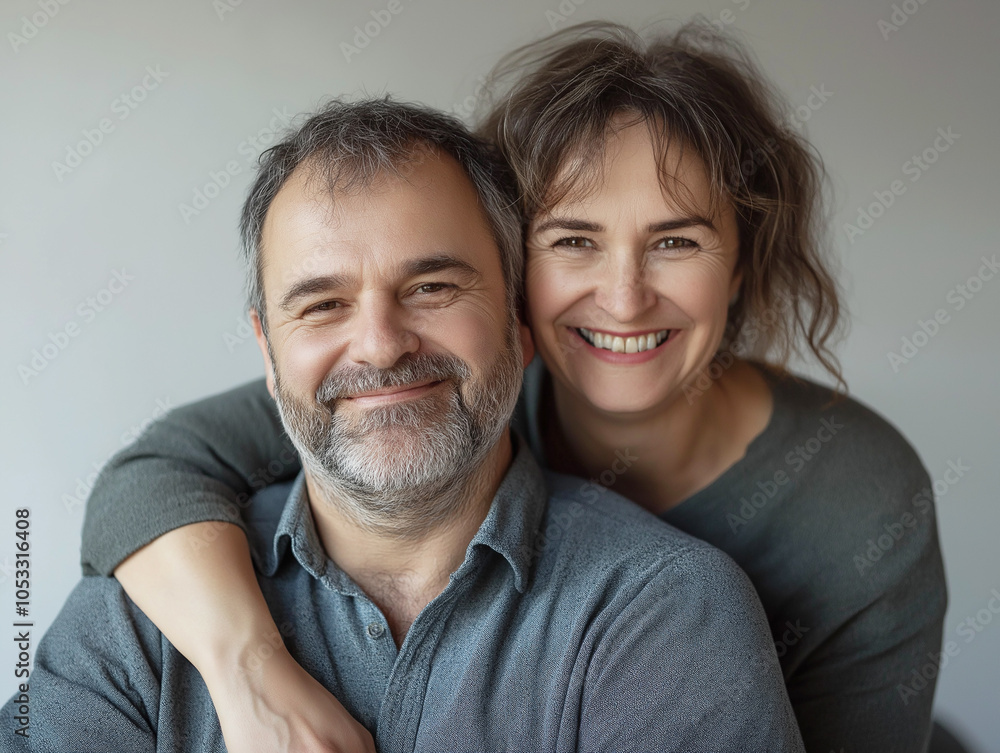 Smiling middle-aged couple embraces each other warmly. They both appear content and joyful, radiating a sense of togetherness and companionship in a bright, neutral background. Smiling middle-aged couple embraces each other warmly. They both appear content and joyful, radiating a sense of togetherness and companionship in a bright, neutral background.